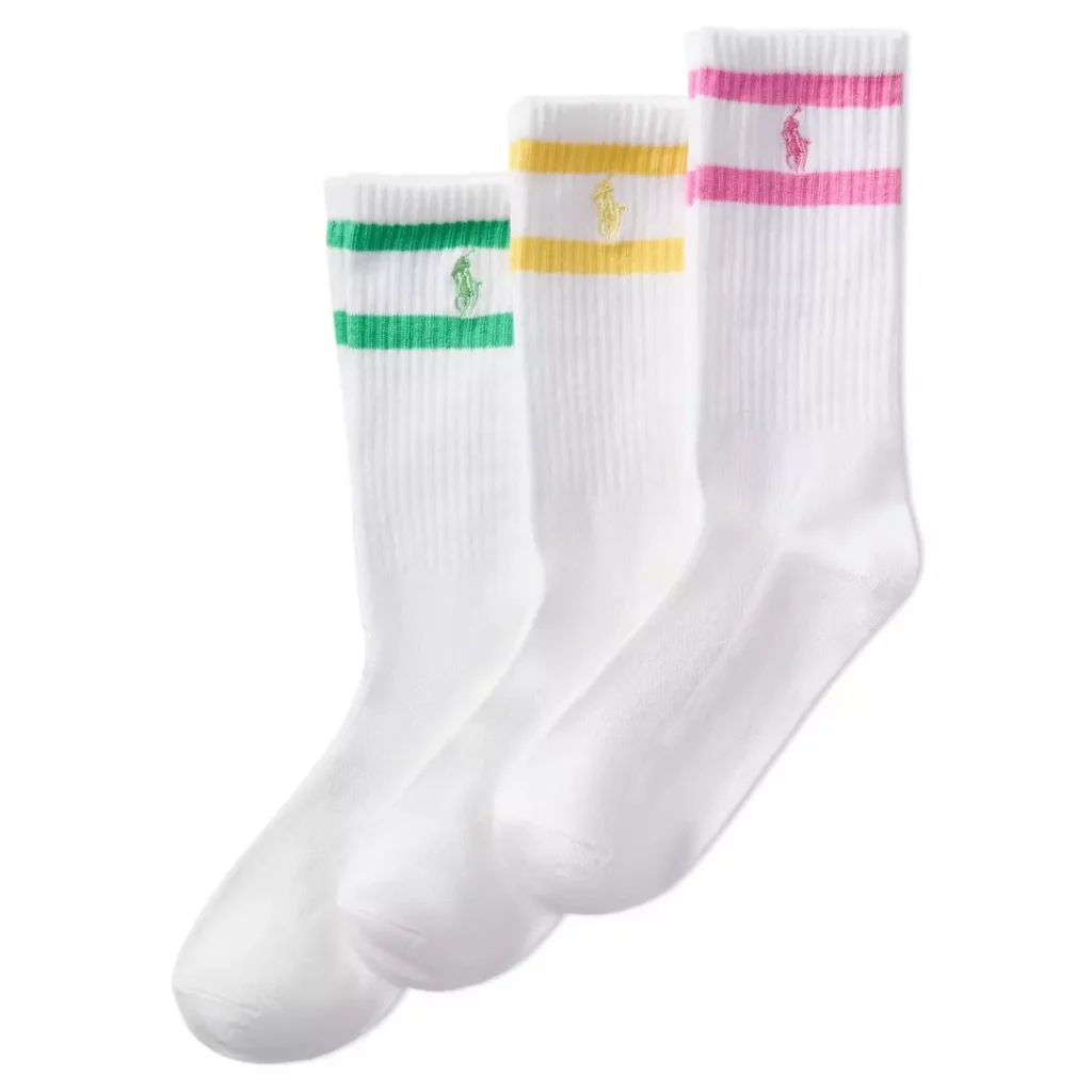 3 pack of white Polo Ralph Lauren crew socks with ribbed cuffs and contrast green, yellow or pink stripes/embroidered Pony logos towards the top of each pair