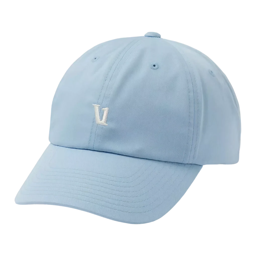 Light blue Vuori baseball cap with a small contrast white embroidered "V" logo at the front, six-panel design embroidered eyelets and a curved brim