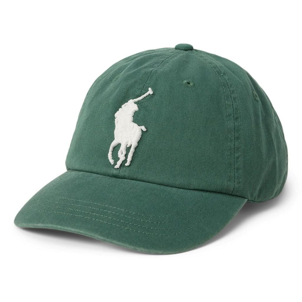dull forest green Polo Ralph Lauren six-panel baseball cap with a semi-curved bill, embroidered eyelets and a contrast Big Pony logo at the front in white