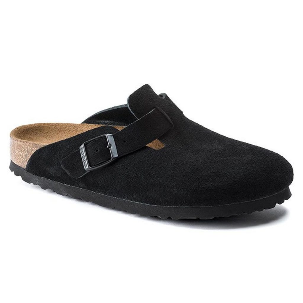 black suede slip-on BIRKENSTOCK clog with a cork contoured footbed and a black outsole; a single pin-buckle strap with dark black metal; back to school style checklist