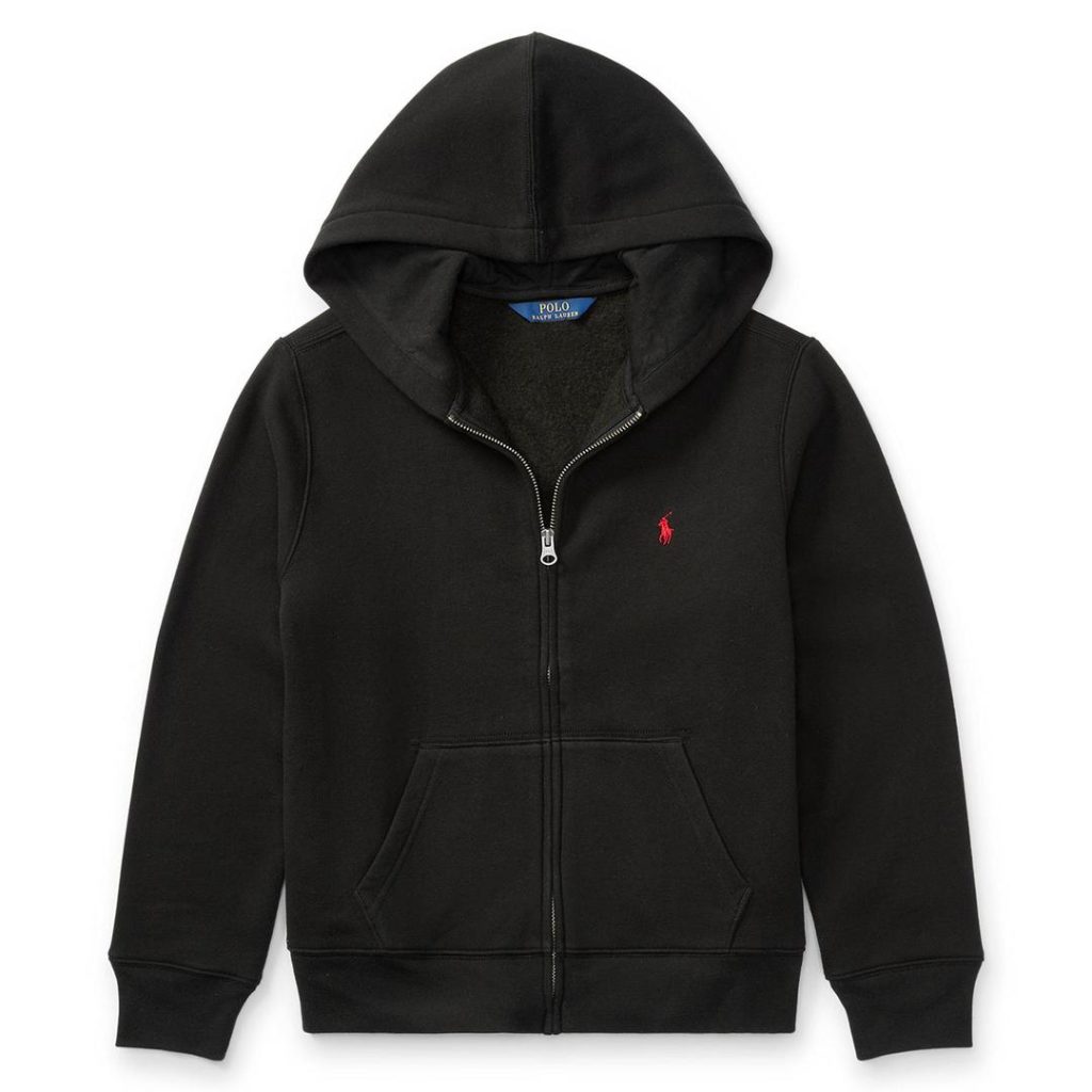 black hooded Polo Ralph Lauren sweatshirt with a full-length front zipper, split kangaroo front pockets and a contrast red Pony logo at the left chest