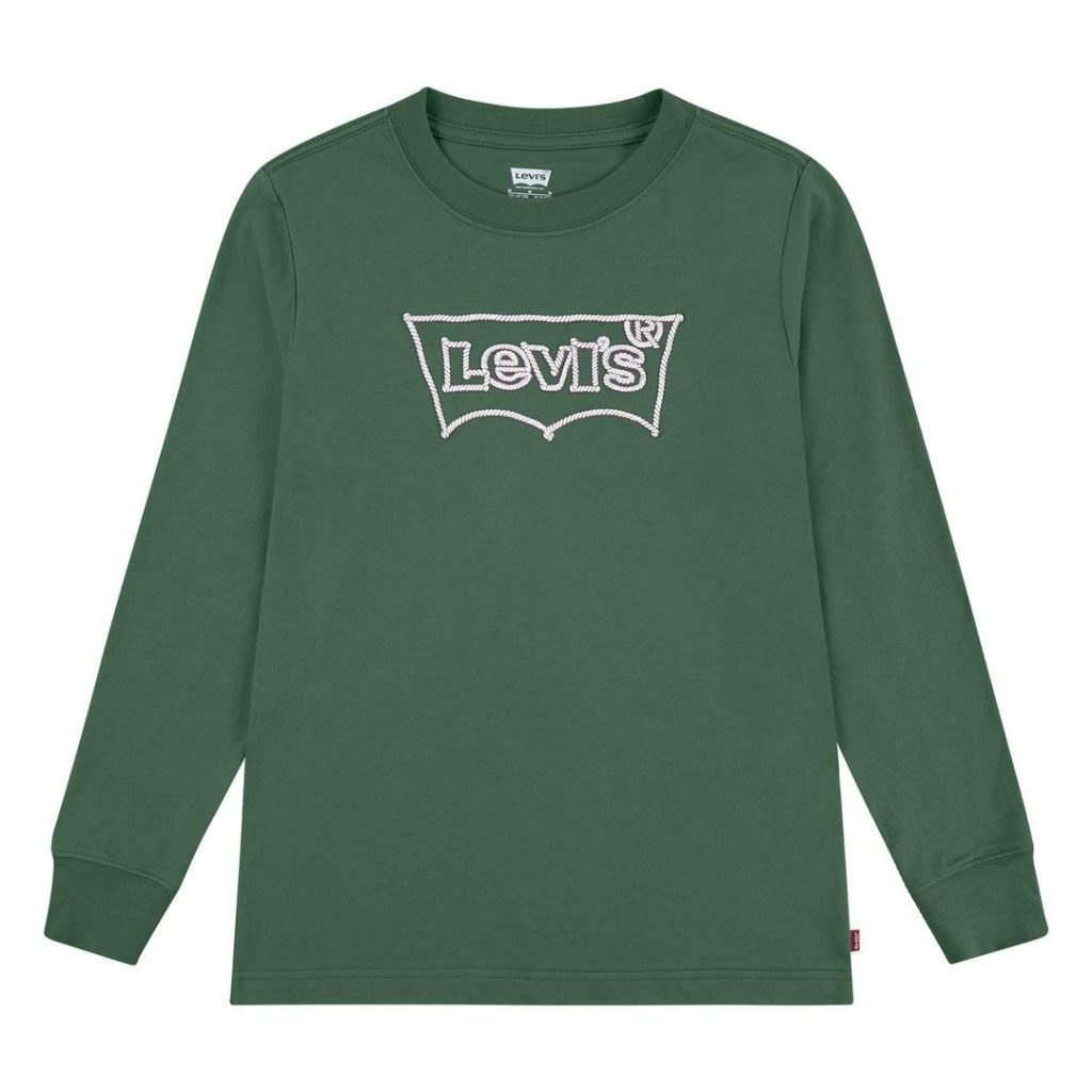 dark faded forest green long-sleeved Levi's t-shirt with ribbed cuffs, a ribbed crew neckline and contrast white Levi's batwing logo graphic at the centre chest; back to school style checklist