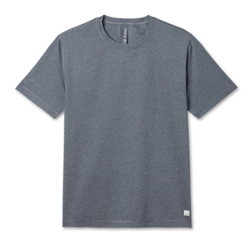 simple heathered grey-blue short-sleeved t-shirt with a crew neckline and a straight hem; a small contrast square white logo at the bottom-front right hem