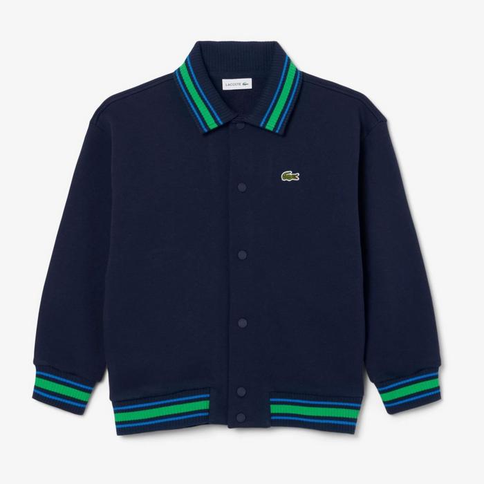 navy fleece Lacoste bomber jacket with a pointed polo collar, ribbed trim at the cuffs and hem; contrast green and lighter blue colour stripes at the collar, cuffs and hem, full-length front snap closure and an embroidered crocodile logo at the left chest; back to school style checklist