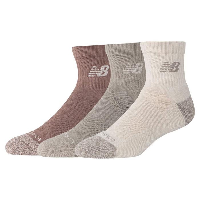 three New Balance ankle/mid-crew socks in different neutral pastel colours with tonal contrast heel and toe panels, contrast "NB" logo at the side cuff; gym class essentials
